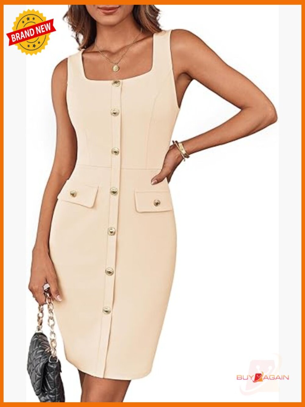 Women's Sleeveless Belted Square Neck Bodycon Midi Dress Work Business